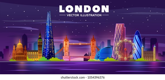 London skyline night.Vector illustration.Business travel and tourism concept with modern buildings. Image for banner or web site.