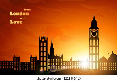  London skyline on orange background,  London at dawn, the sun shines through the windows, vector illustration