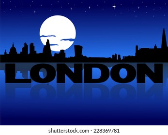 London skyline reflected with text and moon illustration