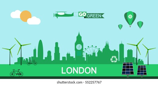 London skyline silhouette flat design vector, green city concept