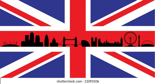 London skyline silhouette isolated on union jack flag