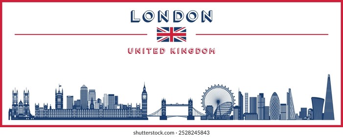 Cartel de la silueta del horizonte de Londres en los colores de la bandera del Reino Unido. Ilustración vectorial