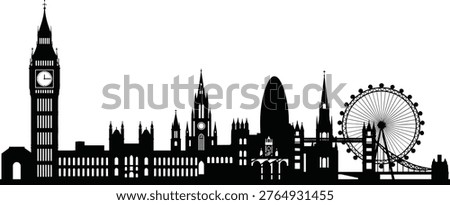 London skyline silhouette vector illustration, Big Ben, Palace of Westminster, Tower Bridge, London Eye, Gherkin skyscraper, iconic landmarks, historic architecture, modern cityscape artwork