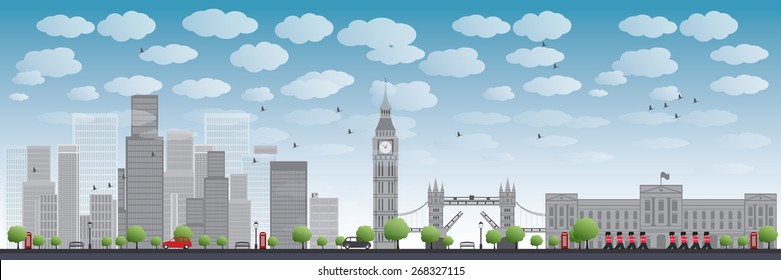 London skyline with skyscrapers and clouds Vector illustration. Business travel and tourism concept with historic buildings. Image for presentation, banner, placard and web site