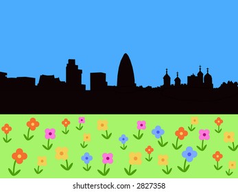London Skyline with springtime flowers in bloom illustration
