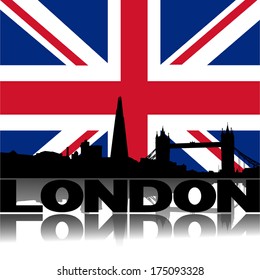 London skyline and text reflected with flag vector illustration
