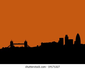 London skyline with Tower bridge and skyscrapers at sunset illustration