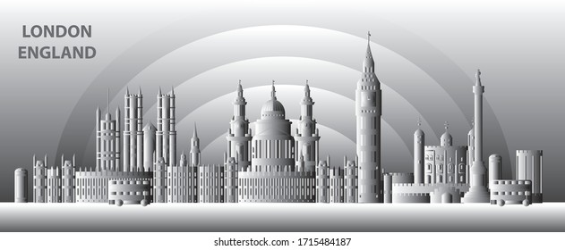 London skyline travel illustration with main architectural landmarks. Worldwide traveling concept. London city landmarks, black and white gradient tourism and journey vector background.