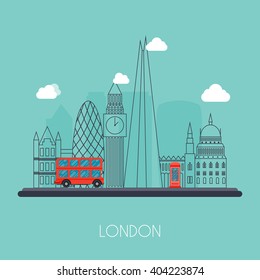 London. Skyline and vector landscape of buildings the capital of Great Britain. Big Ben, bridge, double decker and telephone. Vector illustration.