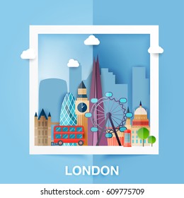 London. Skyline and vector landscape of buildings the capital of Great Britain. Big Ben, bridge, double decker and telephone. Paper Style. Vector illustration.
