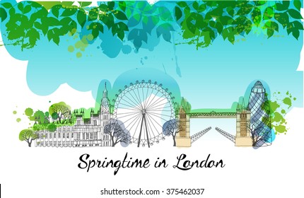 London in Springtime. Watercolor vector background