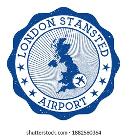 London Stansted Airport stamp. Airport of London round logo with location on United Kingdom map marked by airplane. Vector illustration.