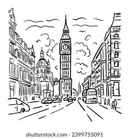 London street and Big Ben. Hand drawn vector illustration in doodle style