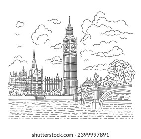 London street and Big Ben. Hand drawn vector illustration in linear style