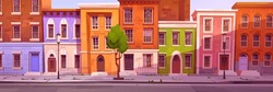 London Street With Houses And Buildings In Georgian Style. British Town Real Property Exterior. Old Residential Buildings In Marylebone Or Mayfair In London, Vector Cartoon Illustration
