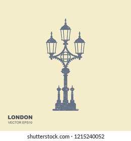 London street lamp icon. England vintage lantern. Illustfation in flat style with scuffed effect