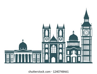 London street skyline silhouette vector Illustration. Westminster Abbey contour, Big Ben buildings icon. England landmark, London city abstract street cartoon style. Isolated on white 