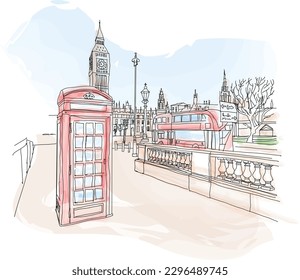 London street with view of Big Ben, Houses of Parliament, red telephone box and red double decker bus in London on a beautiful summer day, England, UK. Vector illustration