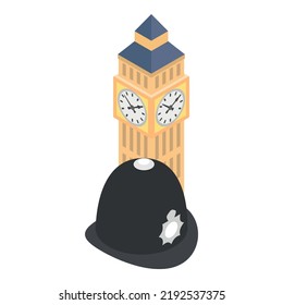 London symbol icon isometric vector. Big ben tower and london police helmet icon. Culture, architecture, landmark