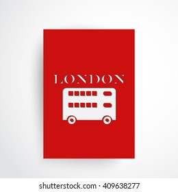 London symbol - red bus. Double decker. Silhouette and text on background