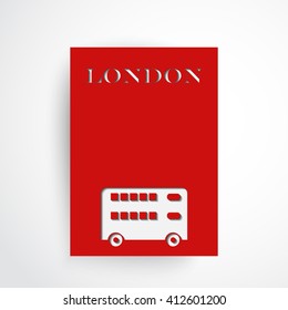 London symbol - red bus. Double decker. Silhouette and text on background