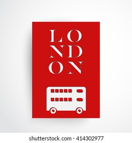 London symbol - red bus. Double decker. Silhouette and text on background