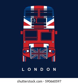 London symbol - red bus icon - double decker with the British Union Jack flag pattern - vector illustration - silhouette, stencil style