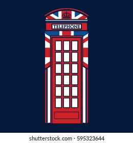 London symbol  -  Red telephone box icon - British Union Jack flag pattern - Modern design Vector illustration in a simplified  info - graphics  silhouette style