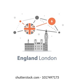 London symbol, travel destination, famous landmark, Big Ben tower with clock, the capital of England, British education concept, English language learning, Westminster Abbey, vector icon