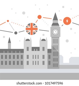 London symbol, travel destination, famous landmark, Big Ben tower with clock, the capital of England, British education concept, English language learning, Westminster Abbey, vector icon