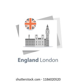 London symbol, travel destination, famous landmark, Big Ben tower with clock, the capital of England, British education concept, English language learning, Westminster Abbey, vector icon