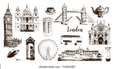 London symbols: Big Ben, Tower, Bridge, bus, mail, call box. St. Paul Cathedral, tea, umbrella, westminster. Beautiful hand drawn vector sketch illustration. For prints, textile, advertising, panorama