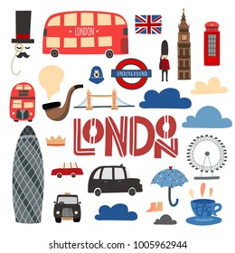 London symbols hand drawn set. Booth, bus, Tower bridge, London eye etc. Stock vector