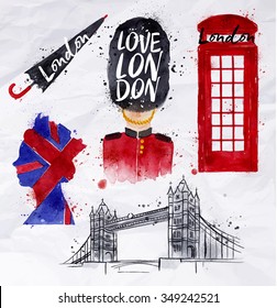 London Symbols Phone Booth, Umbrella, Tower Bridge, Bearskin Hats, Drawing With Drops And Splash On A Crumpled Paper