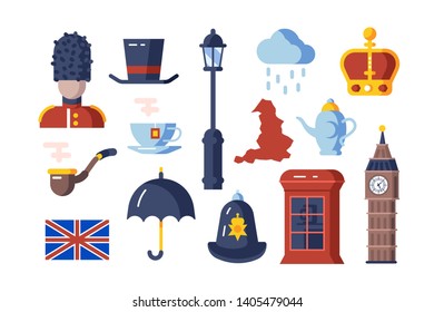 London symbols set vector illustration. Collection consists of famous landmark flag tea time signs queen guard flat style design. Travelling concept. Isolated on white