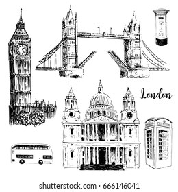 London symbols: St. Paul Cathedral, Big Ben and Tower Bridge. Beautiful hand drawn vector sketch illustration.