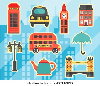 London symbols stickers. United Kingdom theme, vector illustration, education and travel concept