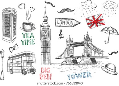 London symbols. Vector hand drawn illustration