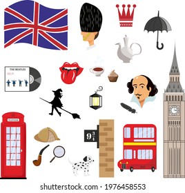 London Symbols Vector illustration set. Famous Symbols of Great Britain.