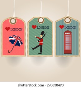 London tag with royal guard umbrella and telephone booth