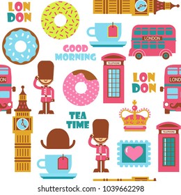 London tea time childish cartoon vector pattern