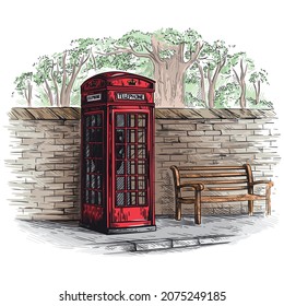 london telephone booth at a brick wall with a bench sketch