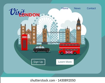 London tour company landing page template. London skyline and sights. England vector illustration.