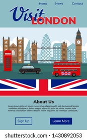 London tour company landing page template. London skyline and sights. England vector illustration.