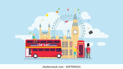 London Tourism Tiny People Character Concept Vector Illustration, Suitable For Wallpaper, Banner, Background, Card, Book Illustration, Web Landing Page, and Other Related Creative