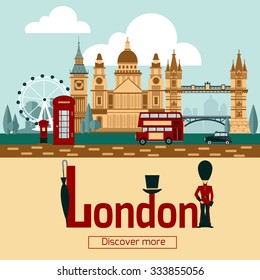 London touristic poster with famous landmarks and symbols flat vector illustration