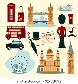 London touristic set with flat telephone booth tower bridge and cab isolated vector illustration