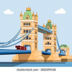 London Tower Bridge Across The River Thames. Famous Landmark Building In United Kingdom Illustration Concept In Flat Cartoon Vector