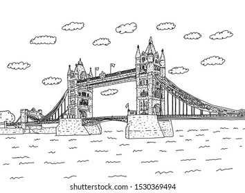 London Tower Bridge with clouds vector illustration sketch doodle hand drawn with black lines isolated on white background. European Landmark.