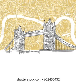 London Tower Bridge with Colored Map, Hand-drawn Outline Illustration with vector City Map Background